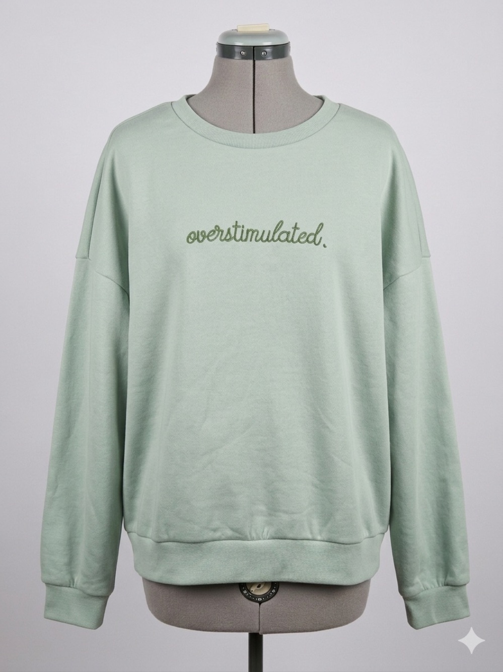 Mint Green Overstimulated Embroidered Crewneck Sweatshirt L Minimal Funny